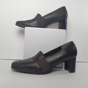 Liz Baker Brown Leather Loafer Pumps Chunky Block Heel Square Toe 10M Y2K